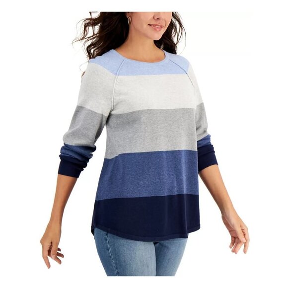 Karen Scott Womens Size XS Taylor Cotton Colorblocked Sweater Intrepid Blue 1365 - Picture 1 of 7